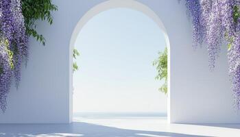 White archway gate and wisteria flower decoration on side with sky view photo
