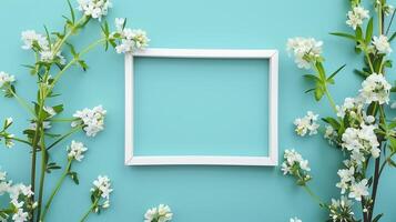 White blank frame in center and white flower green leaves rounded turquoise background photo