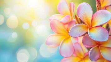 Plumeria closeup macro flower with vibrant sun light nature background photo