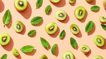 Kiwi slice fruit and fresh mint leaves natural organic arranged pattern seamless diagonal layout photo
