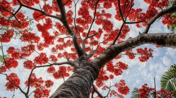 Captivating tree trunk wood with red blossom from low angle view perspective and blue sky photo