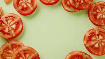 Tomato organic fresh vegetable seasoning copy space in middle and green background photo