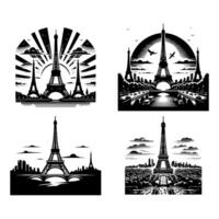 Four different eiffel tower silhouettes in black and white vector