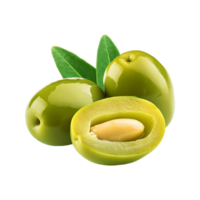 Fresh olive fruit with slice and leaf on transparent background png