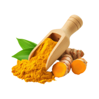 Fresh Turmeric powder in realistic wooden scoop on transparent background png