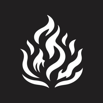 A white fire flame icon on a black background