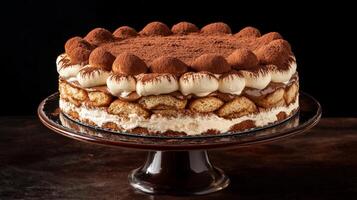 Tiramisu cake on a glass stand with cocoa powder topping, dessert concept photo