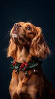 Golden dog wearing festive holly collar in studio shot photo