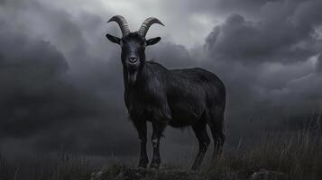 Black goat standing on hilltop under stormy sky, dramatic atmosphere. Nature and wildlife concept photo