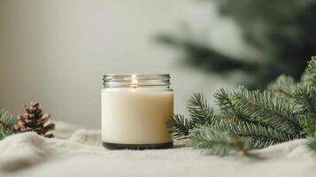 Lit candle in glass jar with pine branches and pine cone, cozy winter atmosphere concept photo