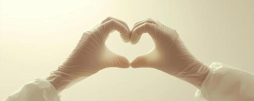 Hands in medical gloves forming a heart shape, love and care concept photo