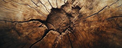 Close-up of cracked tree stump with intricate wood texture. Nature's patterns and aging concept photo