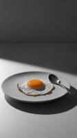 Fried egg on a plate with spoon, minimalistic breakfast concept photo