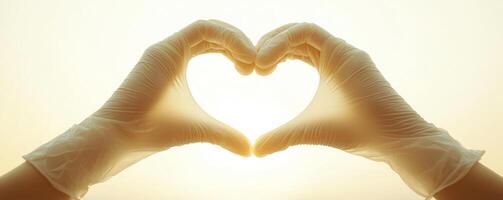 Hands in medical gloves forming a heart shape against sunset light, healthcare and compassion concept photo
