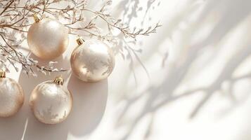 Christmas ornaments with delicate branches casting shadows, festive holiday decoration concept photo