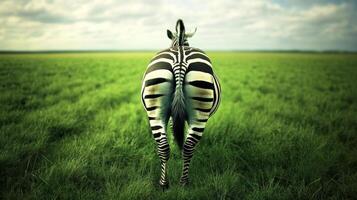 Zebra standing in green field, rear view. Wildlife and nature concept photo