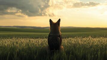 Dog sitting in a grassy field at sunset, peaceful solitude concept photo
