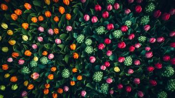 colorful tulip field from above, vibrant floral pattern. spring nature and gardening concept photo