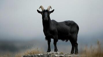 Black goat standing on a rock in a misty landscape, nature and wildlife concept photo