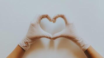 Hands forming heart shape with gloves against neutral background, healthcare and compassion concept photo