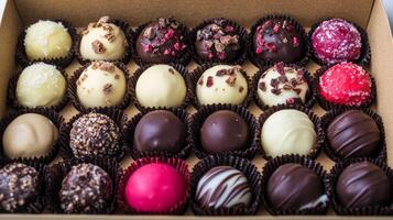 Box of assorted chocolate truffles with sprinkles and toppings, close-up view. gourmet dessert and indulgence concept photo