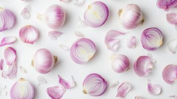 sliced red onions on white background, food texture. culinary concept photo