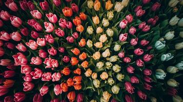 Colorful tulip garden with vibrant flowers in full bloom, top view. Nature and springtime beauty concept photo