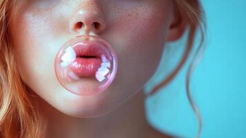 Close-up of a young woman blowing a bubblegum bubble against a blue background, playful and vibrant concept photo