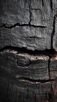 Charred wooden texture with cracks creating abstract patterns in nature, close-up view. rustic design and natural decay concept photo