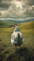 Chicken standing in a grassy field with rolling hills and cloudy sky, serene rural landscape. Nature and agriculture concept photo