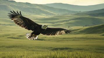 Bald eagle soaring over green meadow with mountains in the background, wildlife freedom and nature concept photo