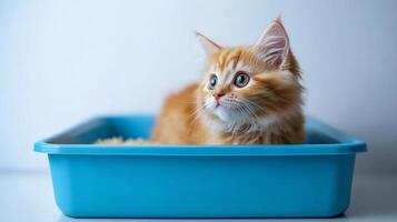 Orange kitten sitting in blue litter box, close-up view. Pet care and hygiene concept photo