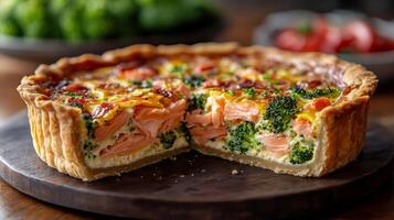 Savory salmon and broccoli quiche, close-up view. Delicious homemade baking and culinary concept photo
