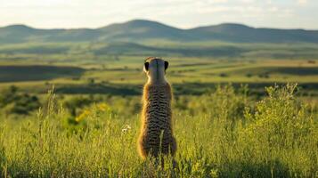 Meerkat observing vast savanna landscape during golden hour. Wildlife and solitude concept photo