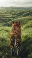 Tiger walking through lush green landscape, wildlife exploration concept photo