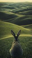 rabbit overlooking lush green rolling hills at sunset, peaceful nature scene. serenity and tranquility concept photo
