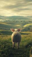 Pig in a green meadow with rolling hills under cloudy sky. Tranquil countryside and rural life concept photo