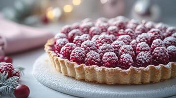 Raspberry tart with powdered sugar on festive background, dessert and celebration concept photo