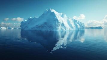 Large iceberg floating in calm ocean with clear sky. Climate change and environmental concept photo
