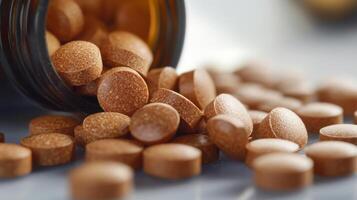 Spilled brown tablets from a bottle, close-up view. Pharmaceutical and healthcare concept photo