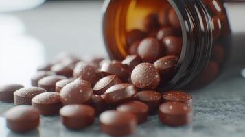 Close-up of scattered brown tablets from a glass bottle on a marble surface. Pharmaceutical concept photo