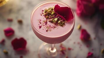 Pink rose and pistachio milkshake in glass with petals on marble table. Refreshing summer drink concept photo