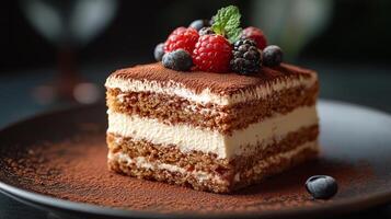 Tiramisu dessert topped with fresh berries, close-up view. Gourmet food and indulgence concept photo