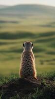 Lone meerkat sitting on a mound in green savanna, back view. Wilderness and observation concept photo
