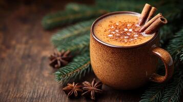 Warm spiced latte with cinnamon sticks and fir branches on wooden table, cozy winter beverage concept photo