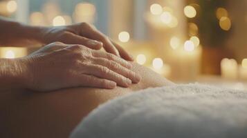 Massage therapy session in a tranquil spa setting with warm candlelight bokeh. Relaxation and wellness concept photo