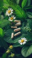 Herbal capsules on chamomile and green leaves, natural health concept photo
