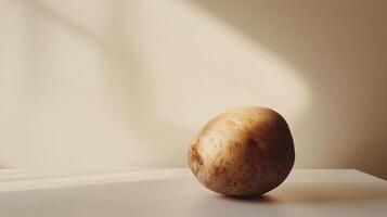 Single potato on white table in soft natural light, minimalistic still life photography photo