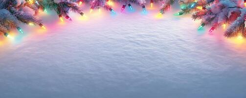 Snowy background with christmas lights and pine branches, festive winter season concept photo