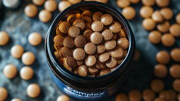 Brown vitamin tablets in an open jar, top view. Health and wellness concept photo